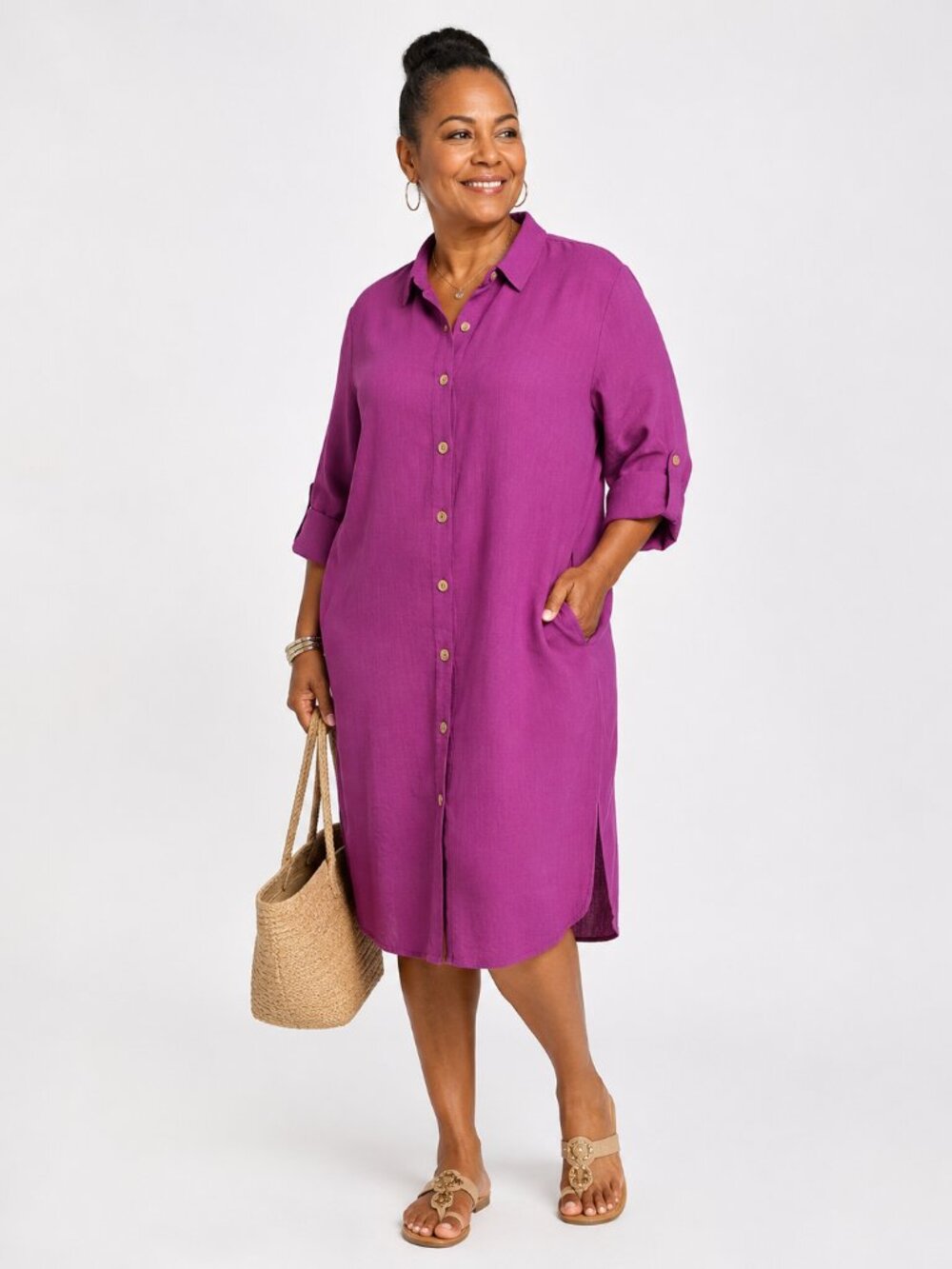 4Our Dreamers Purple Linen Button Front Roll Tab Shirt Dress Side Slits